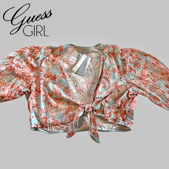 NWT GUESS Silvia Tie-Front Puff Sleeve Embroidered Eyelet Cotton Crop Top/XL - Picture 7 of 16